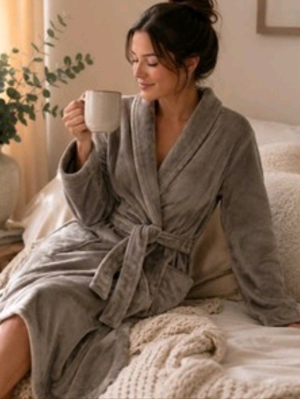 UGG Marlow Charcoal Grey Double-Fleece Knit Tie Waist Long Robe Sleepwear SZ L